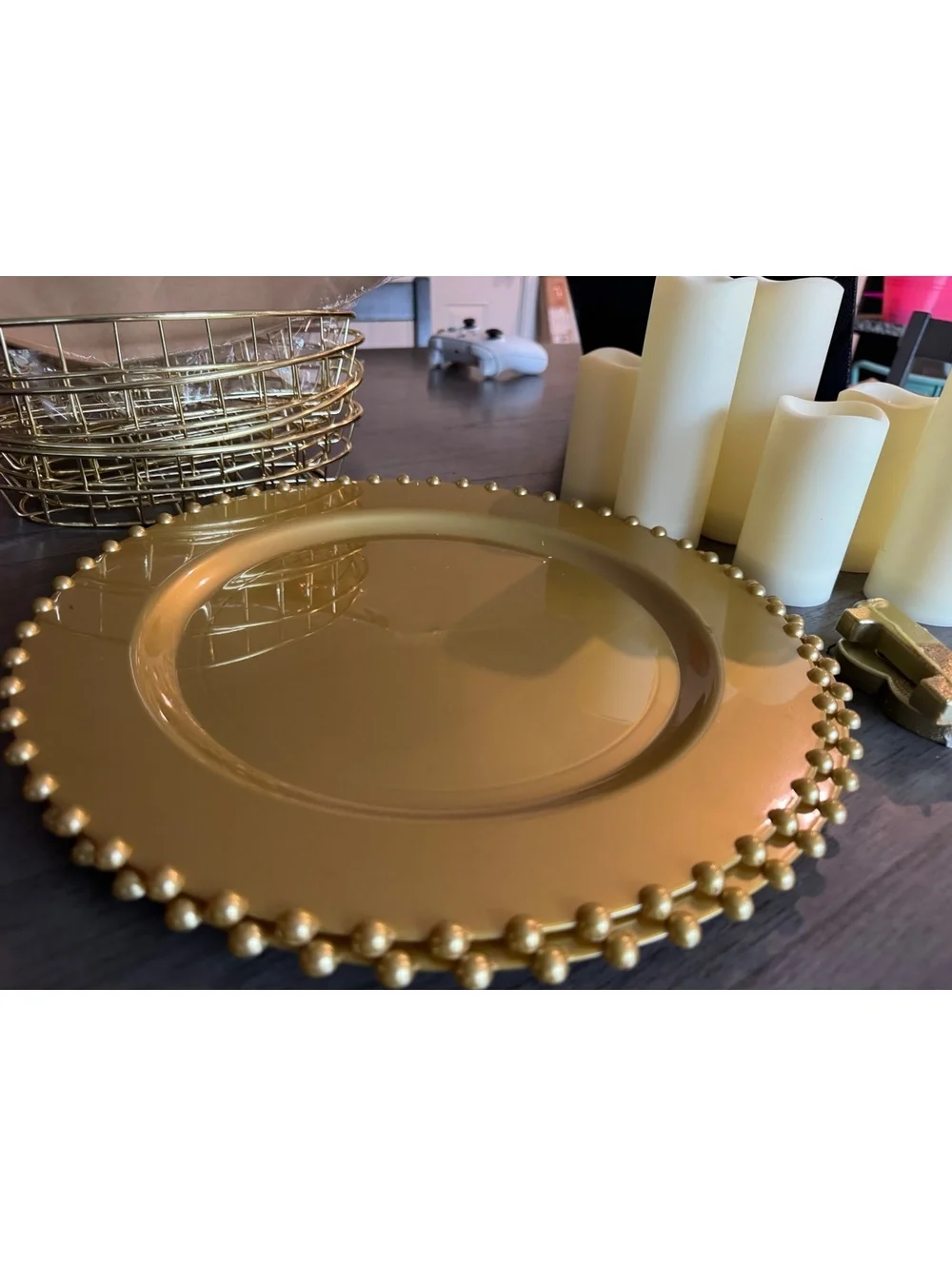 6 Gold Decorative Charger Plates with Beaded Edge - Set of 6